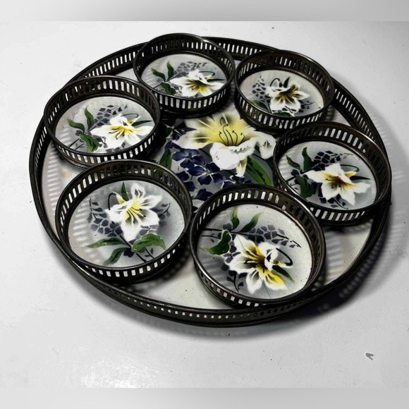 Floral Porcelain Painted Metal Trim Tray and Coasters Dish Set of‎ 7 - Picture 1 of 9